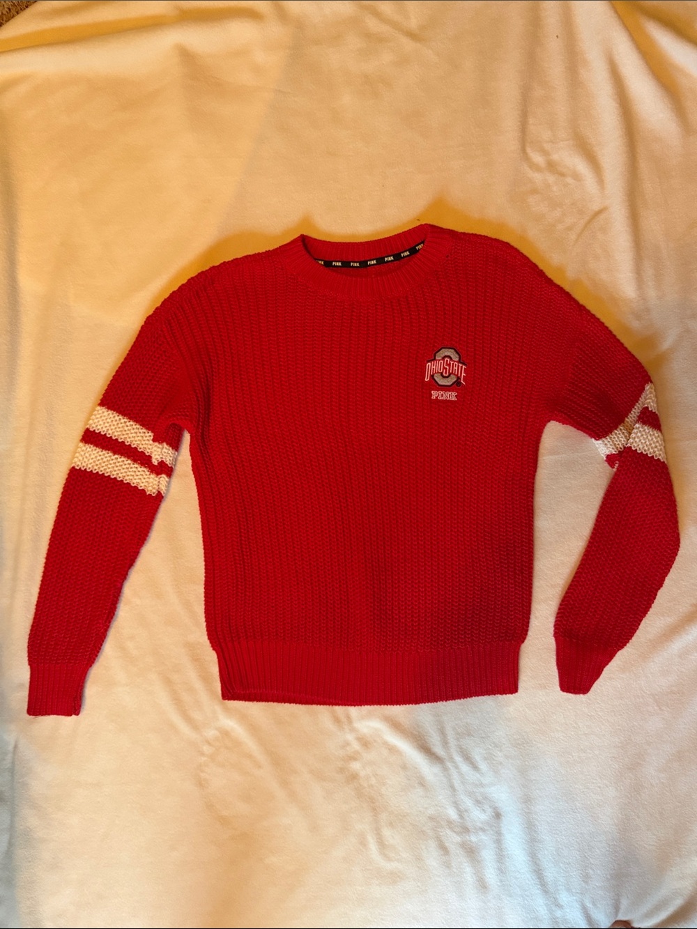 PINK Victoria's Secret Red Ohio State Crewneck Sweater with White Sleeve Stripes